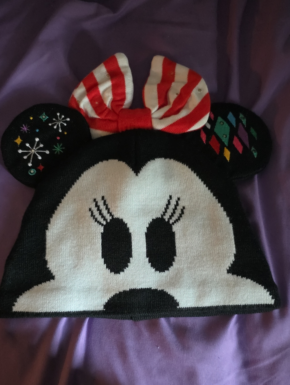 Disney Black & White Minnie-Style Beanie with Red Bow
